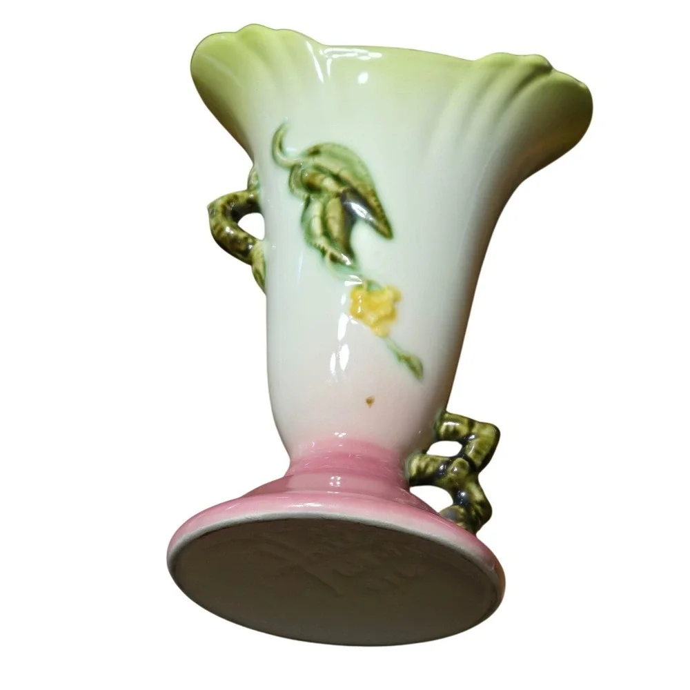 Vintage Hull Pottery Woodland W14-8 1/2 Floral Vase Pink Yellow Double HandleUSA